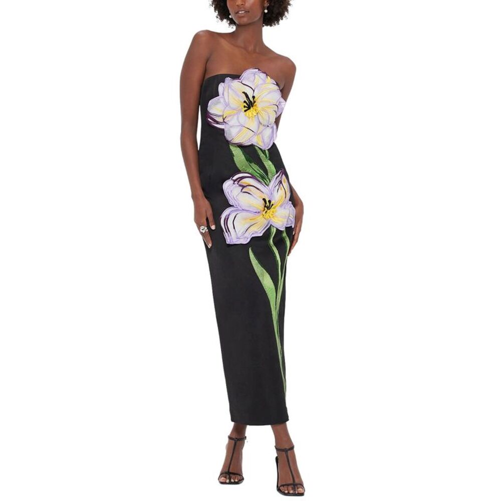 Leo Lin Womens Rayna Appliqué Floral Maxi Dress 6 Ebony - NWT